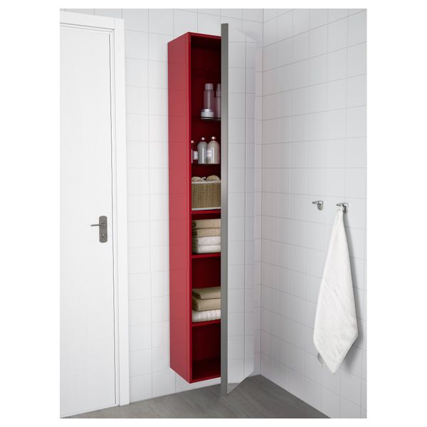 Высокий шкаф с зеркальной дверцей ГОДМОРГОН, глянцевый красный (40x30x192 см) - фото 2