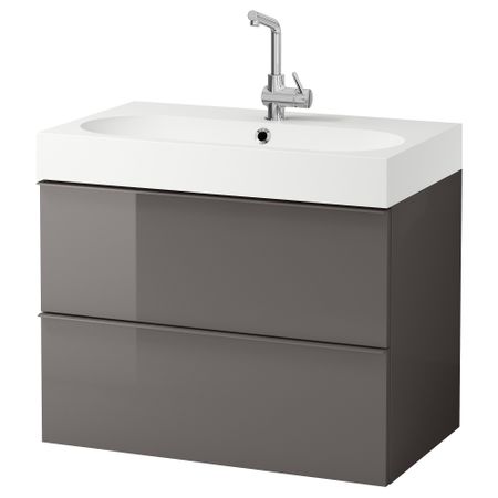 Шкаф для раковины с 2 ящиками ГОДМОРГОН / БРОВИКЕН, глянцевый серый (80x49x68 см)