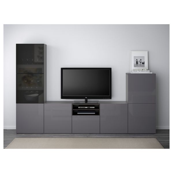 Шкаф для ТВ, комбинированный, стекляные дверцы БЕСТО, черно-коричневый, Сельсвикен глянцевый/серый дымчатое стекло (300x40x192 - фото 2