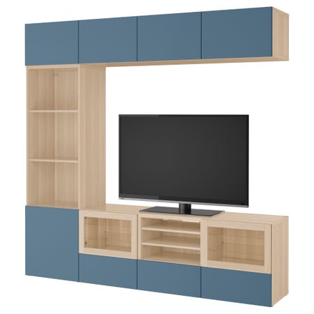Шкаф для ТВ, комбинированный, стекляные дверцы БЕСТО, под беленый дуб Вальвикен, темно-синий прозрачное стекло (240x40x230 см)