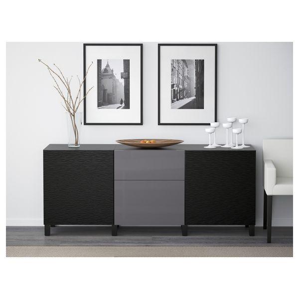 Комбинация для хранения с ящиками БЕСТО, Лаксвикен черный, Сельсвикен глянцевый/серый (180x40x74 см) - фото 2