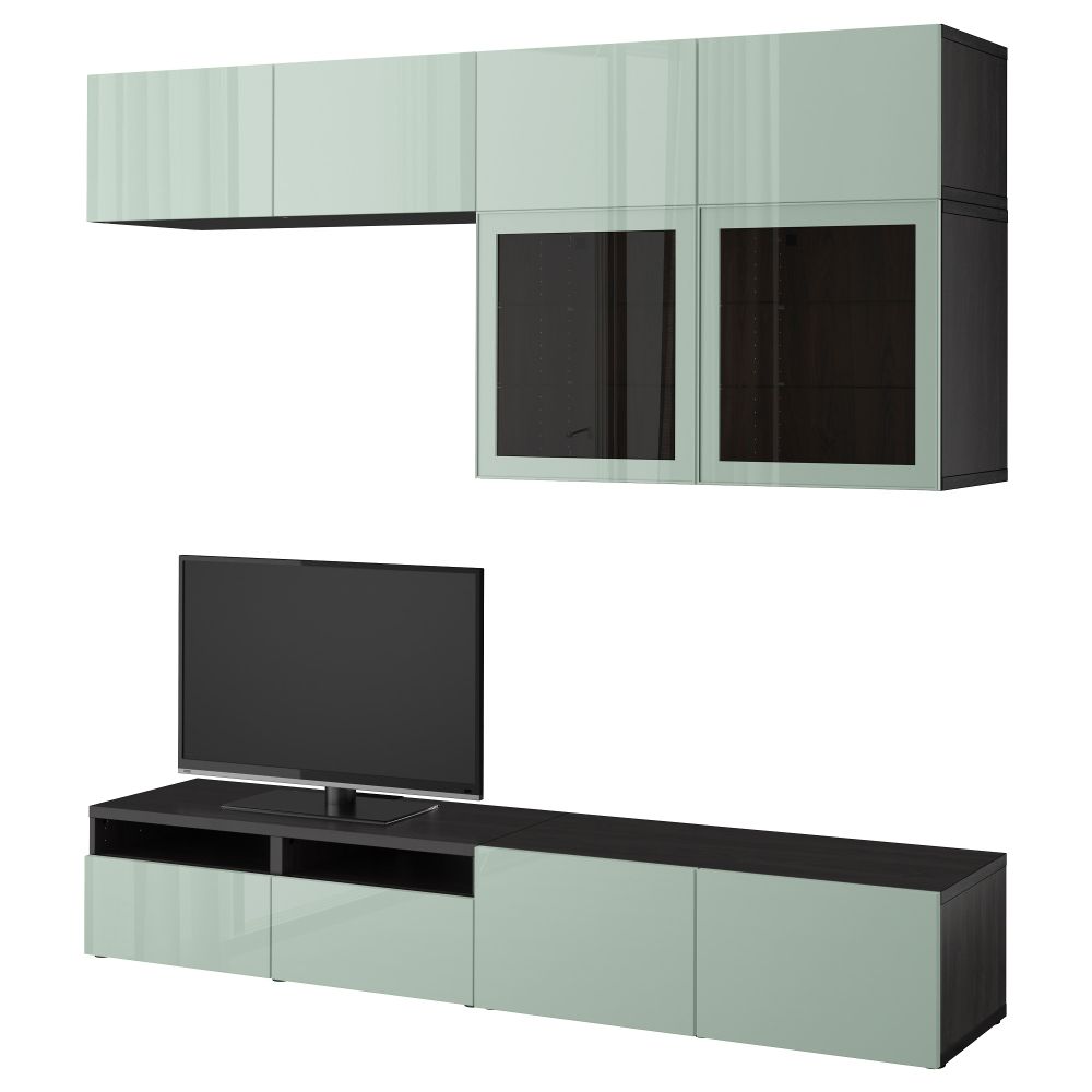 Шкаф для ТВ, комбинированный, стекляные дверцы БЕСТО, черно-коричневый Сельсвикен, глянцевый/серо-зеленый светлый прозрачное - фото 1