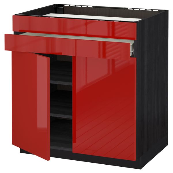 Напольный шкаф для варочной панели, 2 ящика, 2 фасада, 1 ящик МЕТОД / ФОРВАРА, черный, Рингульт красный (80x60 см) - схема-чертеж с размерами