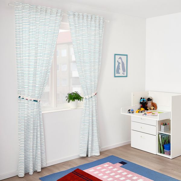 Гардины с прихватом, 2 шт., орнамент «волны/корабли»/синий 120x300 см IKEA UPPTÅG УППТОГ 204.402.77 - фото 2