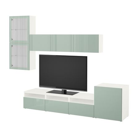 Шкаф для ТВ, комбинированный, стекляные дверцы, белый Сельсвикен, глянцевый/серо-зеленый светлый прозрачное стекло,