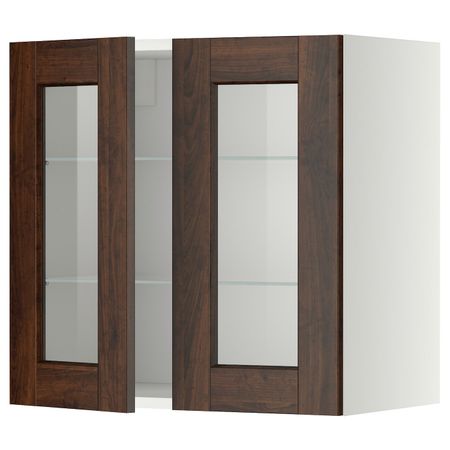 Навесной шкаф/полки/2стеклян двери, белый/Эдсерум коричневый 60x60 см IKEA METOD МЕТОД 394.464.15