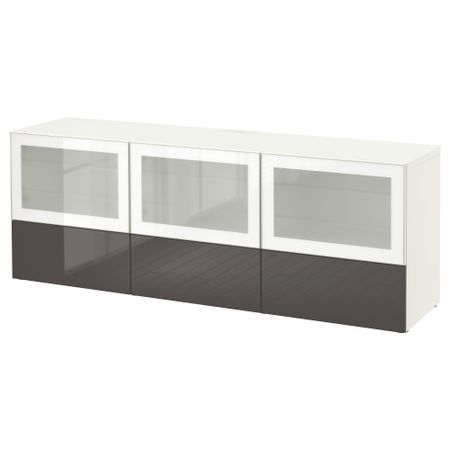 Тумба под ТВ, с дверцами и ящиками БЕСТО, белый, Сельсвикен глянцевый/серый матовое стекло (180x40x64 см)