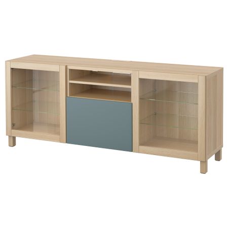 Тумба для ТВ с ящиками БЕСТО, под беленый дуб, Вальвикен серо-бирюзовый, прозрачное стекло (180x40x74 см)