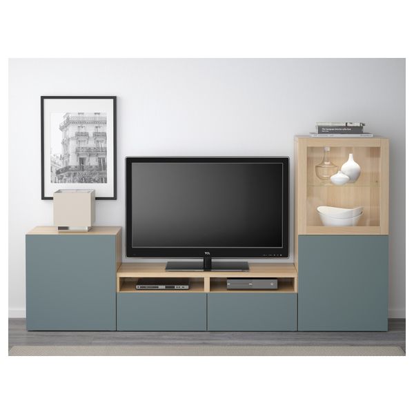 Шкаф для ТВ, комбинированный, стекляные дверцы БЕСТО, под беленый дуб, Вальвикен серо-бирюзовый, прозрачное стекло (240x40x128 - схема-чертеж с размерами