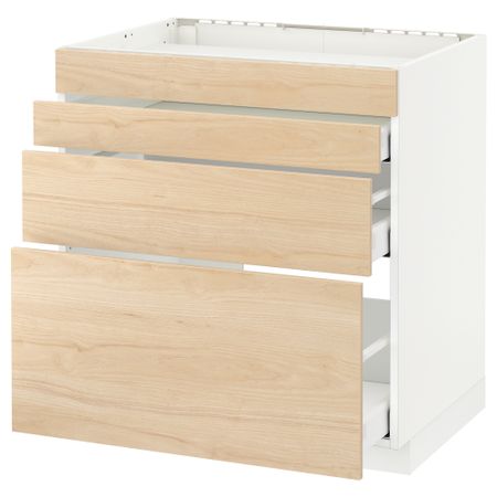Напольный шкаф для духовки, 4фасада, 3 ящика МЕТОД / МАКСИМЕРА, белый, Аскерсунд под светлый ясень ясень