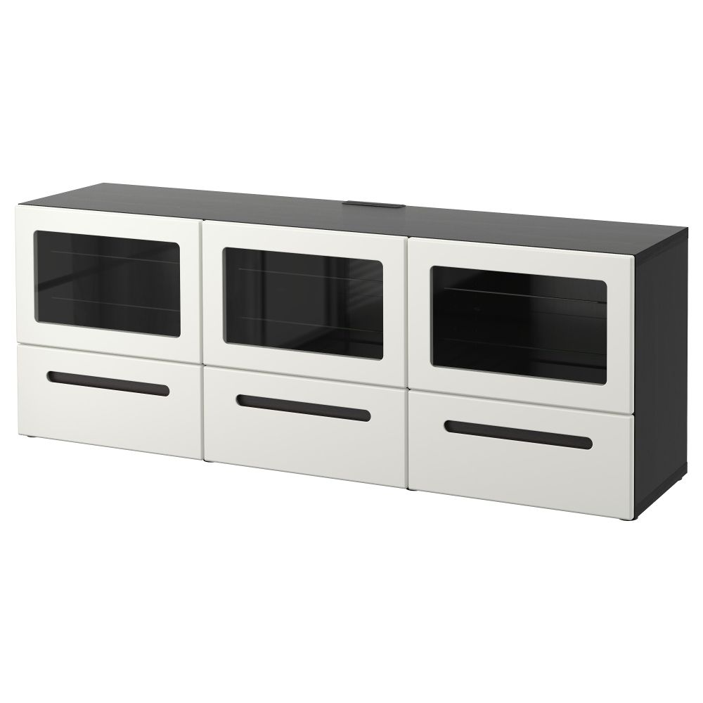 Тумба под ТВ, с дверцами и ящиками БЕСТО, черно-коричневый, Марвикен белый прозрачное стекло (180x40x64 см) - фото 1