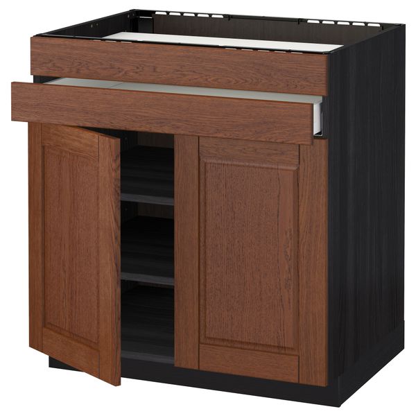 Напольный шкаф для варочной панели, 2 ящика, 2 фасада, 1 ящик МЕТОД / МАКСИМЕРА, черный, Филипстад коричневый (80x60 см) - схема-чертеж с размерами