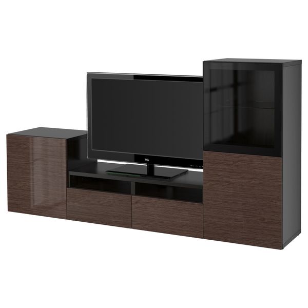 Шкаф для ТВ, комбинированный, стекляные дверцы БЕСТО, черно-коричневый, Сельсвикен глянцевый/коричневый прозрач стекло - фото 1