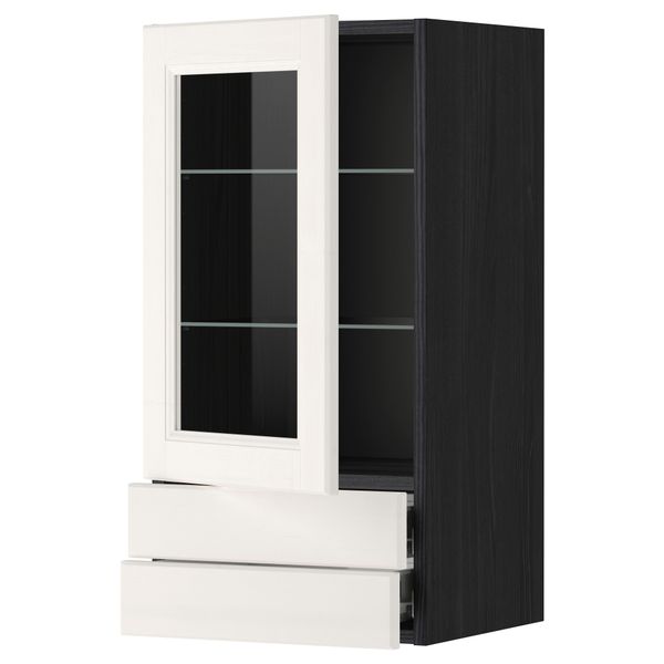Навесной шкаф, стеклянная дверца, 2 ящика МЕТОД / ФОРВАРА, черный, Лаксарби белый - фото 1