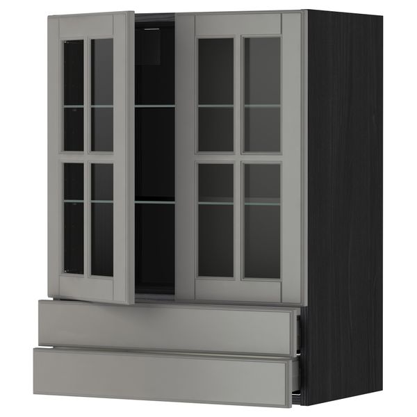 Навесной шкаф, 2 стеклянные дверцы, 2 ящика МЕТОД / МАКСИМЕРА, черный, Будбин серый - схема-чертеж с размерами