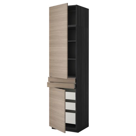 Высокий шкаф + полки, 5 ящиков, 2 дверцы, 2 фронтальных МЕТОД / МАКСИМЕРА, черный, Брокхульт светло-серый