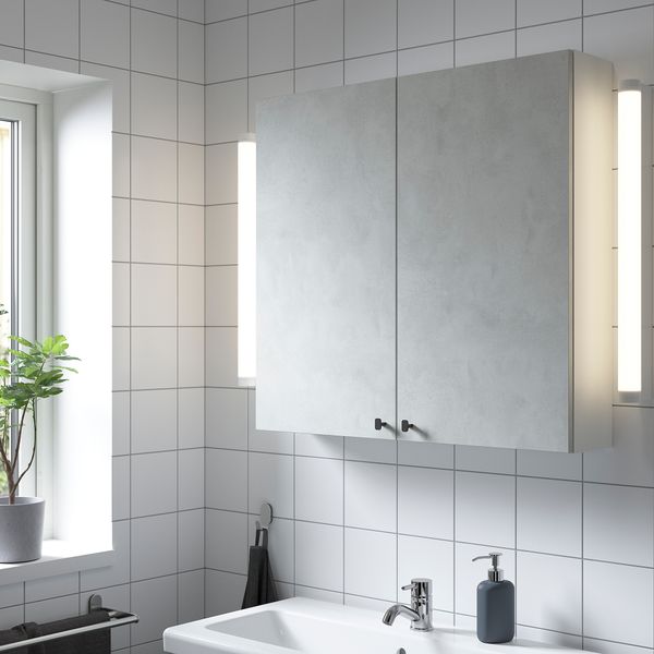 Навесной шкаф с 2 полками, дверцами, 80x17x75 см, белый, под бетон IKEA BEGIVENHET БЕГИВЕНХЕТ 993.236.90 - фото 3