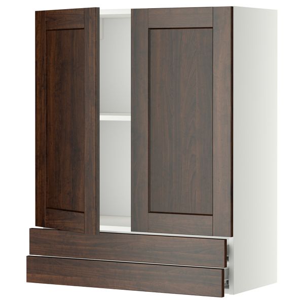 Навесной шкаф, 2 дверцы, 2 ящика МЕТОД / ФОРВАРА, белый, Эдсерум коричневый - фото 1