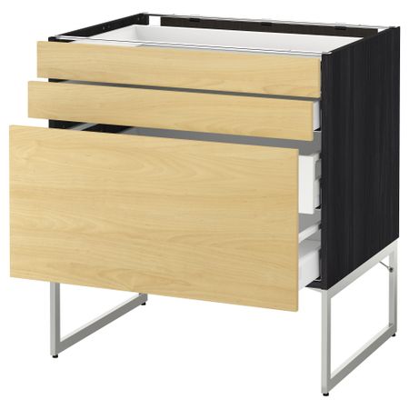 Напольный шкаф 3 фронтальных панели, 2 нижних, 2 средних ящика МЕТОД / МАКСИМЕРА, черный, Тингсрид береза