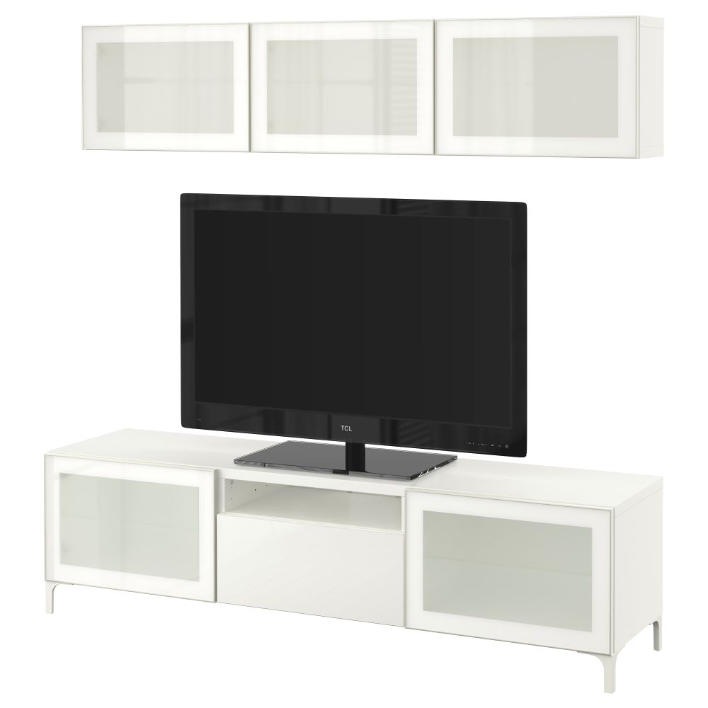 Шкаф для ТВ, комбинированный, стекляные дверцы БЕСТО, белый, Сельсвикен глянцевый/белый матовое стекло (180x20/40x166 см) - фото 1
