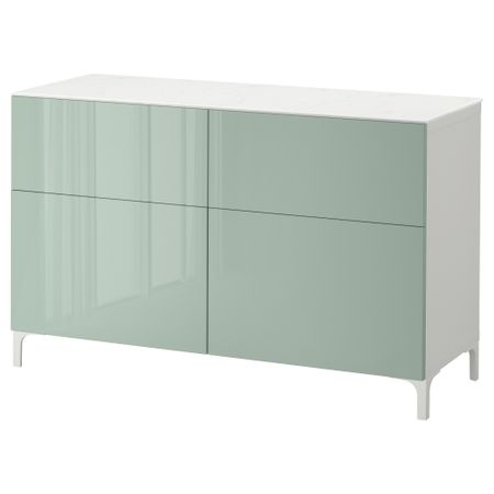 Комбинация для хранения с дверцами, ящиками БЕСТО, белый, Сельсвикен глянцевый/серо-зеленый светлый (120x42x74 см)