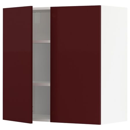 Навесной шкаф с полками/2дверцы, белый Калларп/глянцевый темный красно-коричневый 80x80 см IKEA METOD МЕТОД 893.268.87