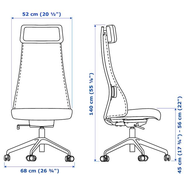 Рабочий стул, Глосе черный IKEA JÄRVFJÄLLET ЭРВФЬЕЛЛЕТ 303.635.51 - схема-чертеж с размерами