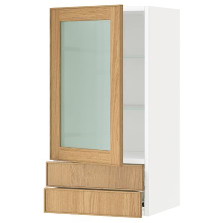 Навесной шкаф, стеклянная дверца, 2 ящика МЕТОД / ФОРВАРА, белый, Экестад дуб