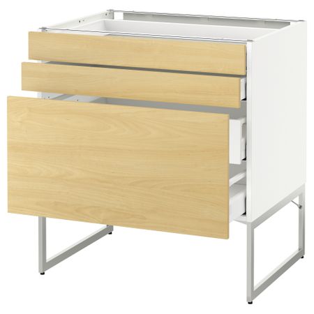Напольный шкаф 3 фронтальных панели, 2 нижних, 2 средних ящика МЕТОД / МАКСИМЕРА, белый, Тингсрид береза