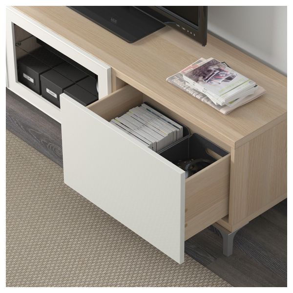 Тумба под ТВ с ящиками и дверцей БЕСТО, под беленый дуб, Сельсвикен глянцевый/белый прозрачное стекло (180x40x48 см) - фото 3