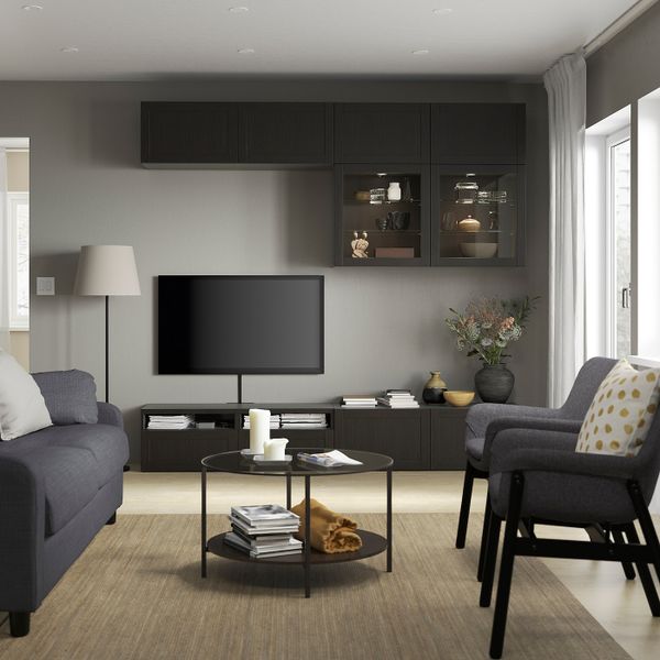 Шкаф для ТВ, комбинированный, стекляные дверцы, черно-коричневый/Ханвикен черно-коричневый прозрачное стекло 240x42x231 см IKEA - фото 3