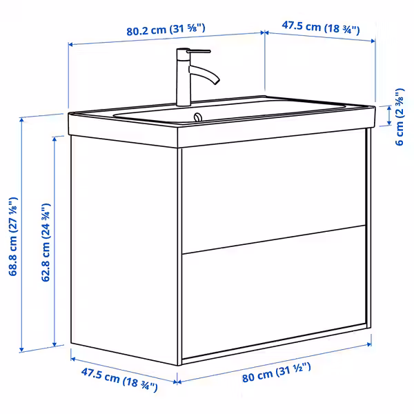 ÄNGSJÖN ЭНГШЁН / BACKSJÖN БАККШЁН Шкаф с ящиками/раковина/смеситель - схема-чертеж с размерами