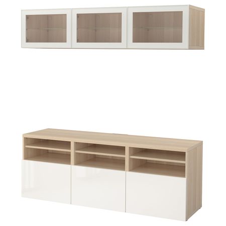 Шкаф для ТВ, комбинированный, стекляные дверцы, под беленый дуб/Сельсвикен глянцевый, белый прозрачное стекло 180x42x192 см IKEA