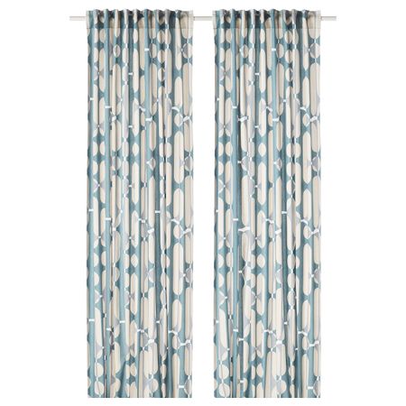 Гардины, 2 шт., бежевый, синий 145x300 см IKEA FJÄLLMÄTARE ФЬЕЛЛЬМЭТАРЕ 204.698.69