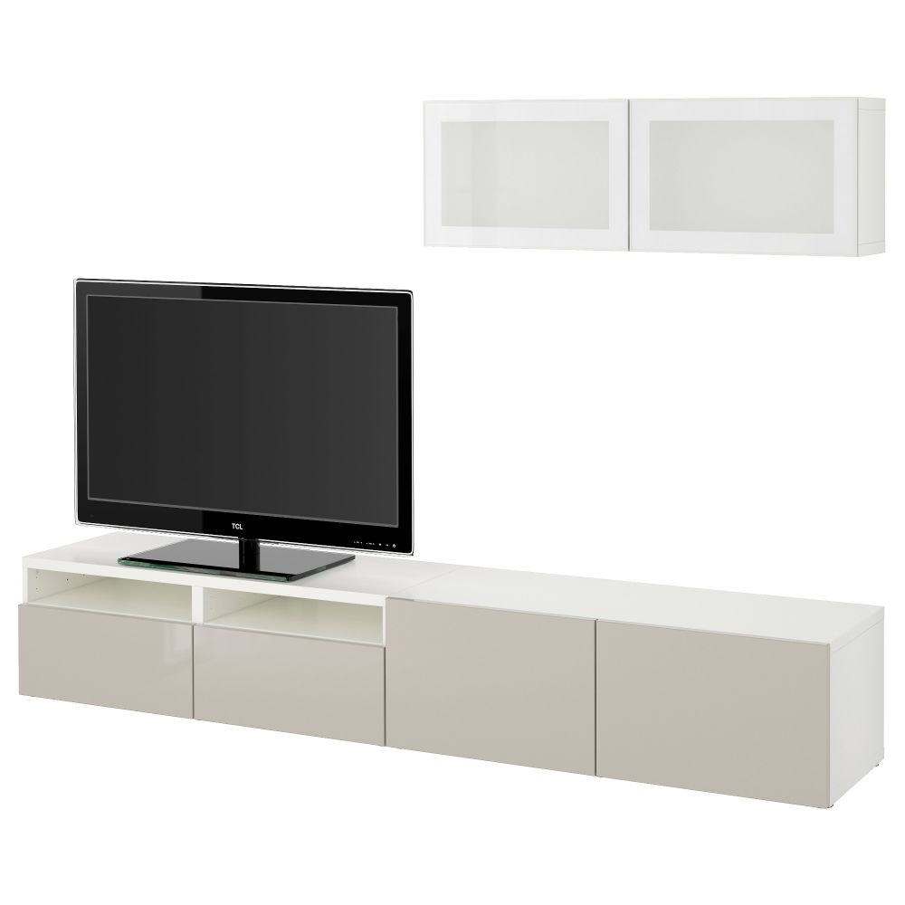 Шкаф для ТВ, комбинированный, стекляные дверцы БЕСТО, белый, Сельсвикен глянцевый/бежевый матовое стекло (240x20/40x166 см) - фото 1