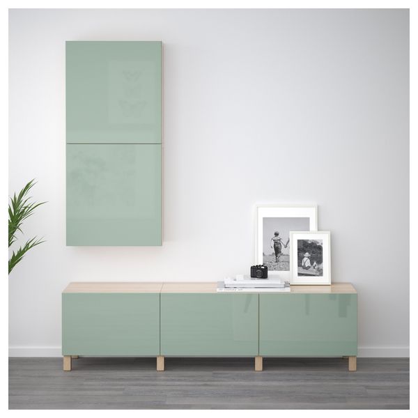 Комбинация для хранения с ящиками БЕСТО, под беленый дуб, Сельсвикен глянцевый/серо-зеленый светлый (180x40x48 см) - фото 2