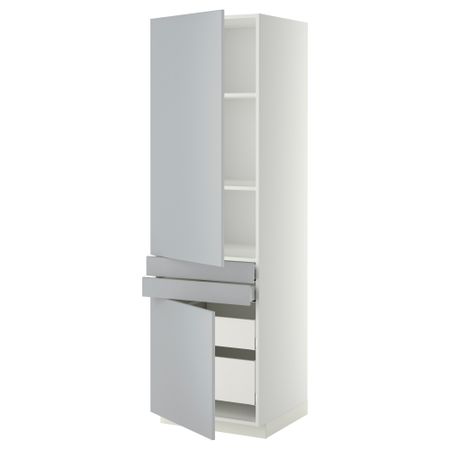 Высокий шкаф + полки, 4 ящик, 2 двери, 2 фронтальные МЕТОД / МАКСИМЕРА, белый, Веддинге серый (60x60x200 см)