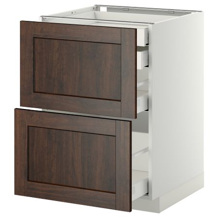 Напольный шкаф 2 фронтальные панели, 2 нижних, 1 средний, 1 высокий ящик МЕТОД / МАКСИМЕРА, белый, Эдсерум коричневый