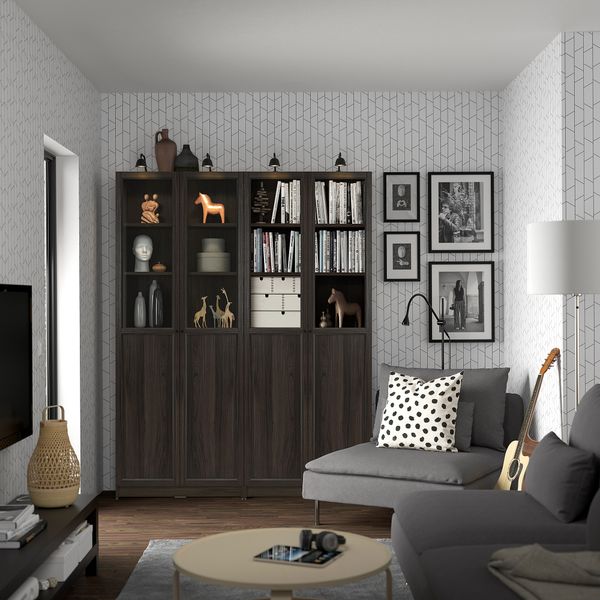 Стеллаж + глухие, стеклянные дверцы, темно-коричневый под дуб, 160x30x202 см IKEA BILLY БИЛЛИ, OXBERG ОКСБЕРГ 895.818.11 - схема-чертеж с размерами