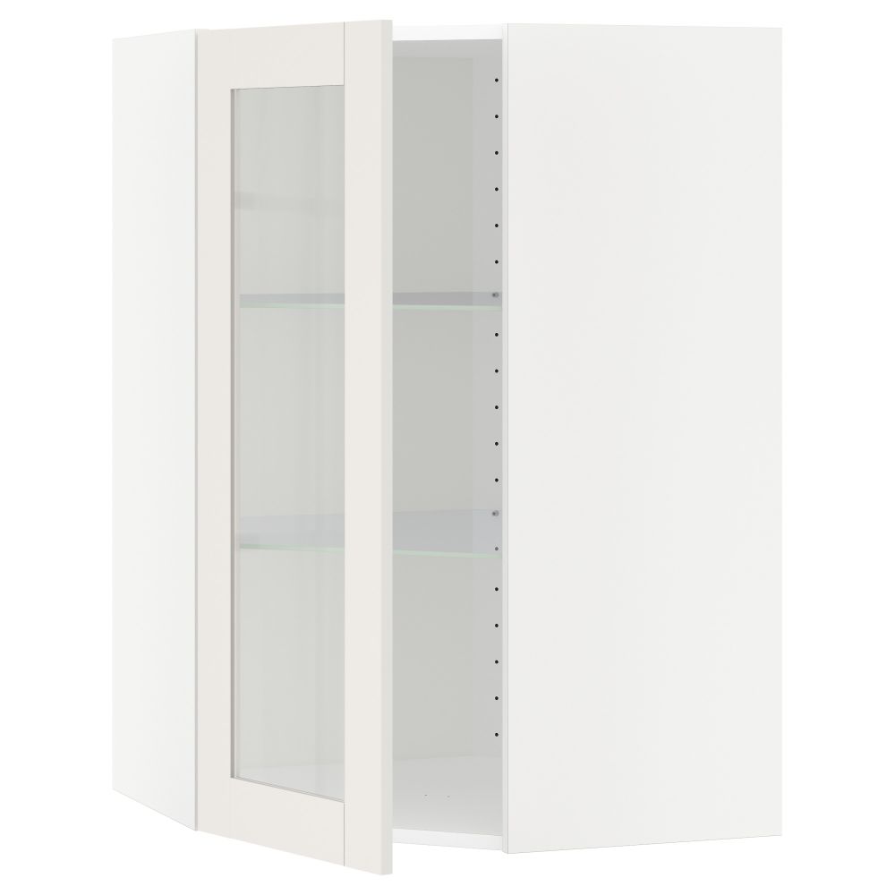 Угловой навесной шкаф с полками, стекляными дверцами МЕТОД, белый, Сэведаль белый - схема-чертеж с размерами