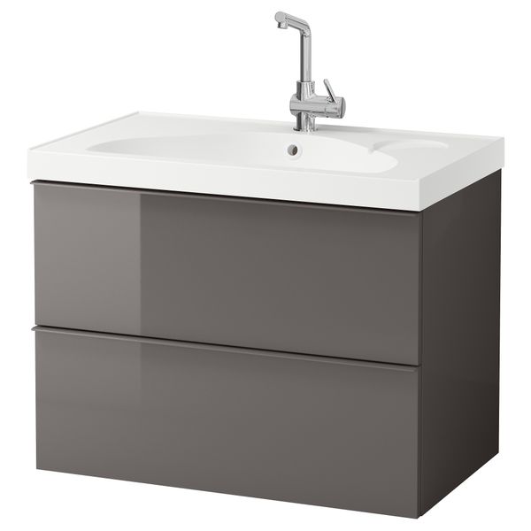 Шкаф для раковины с 2 ящиками ГОДМОРГОН / ЭДЕБОВИКЕН, глянцевый серый (80x49x64 см) - фото 1