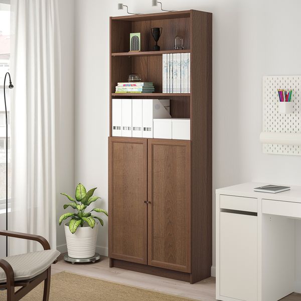 Стеллаж с дверьми, 80x30x202 см, коричневый ясеневый шпон IKEA BILLY БИЛЛИ, OXBERG ОКСБЕРГ 792.810.59 - фото 3