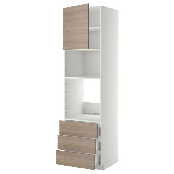 Высокий шкаф для духовки/СВЧ дверца, 3 ящика МЕТОД / ФОРВАРА, белый, Брокхульт светло-серый - фото 1