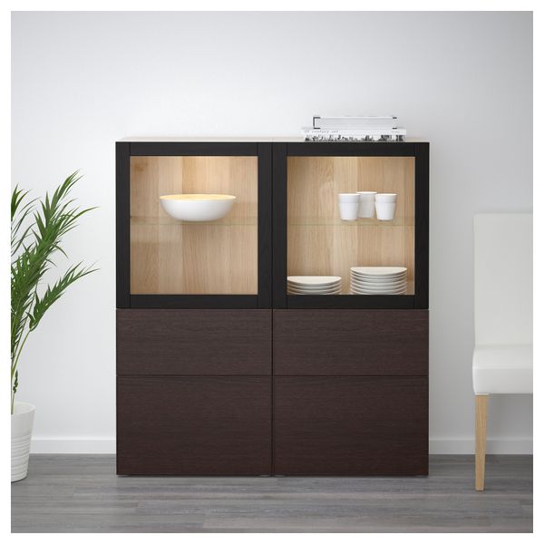 Комбинация для хранения со стеклянными дверцами БЕСТО, под беленый дуб, Инвикен черно-коричневый прозрачное стекло (120x40x128 - фото 2
