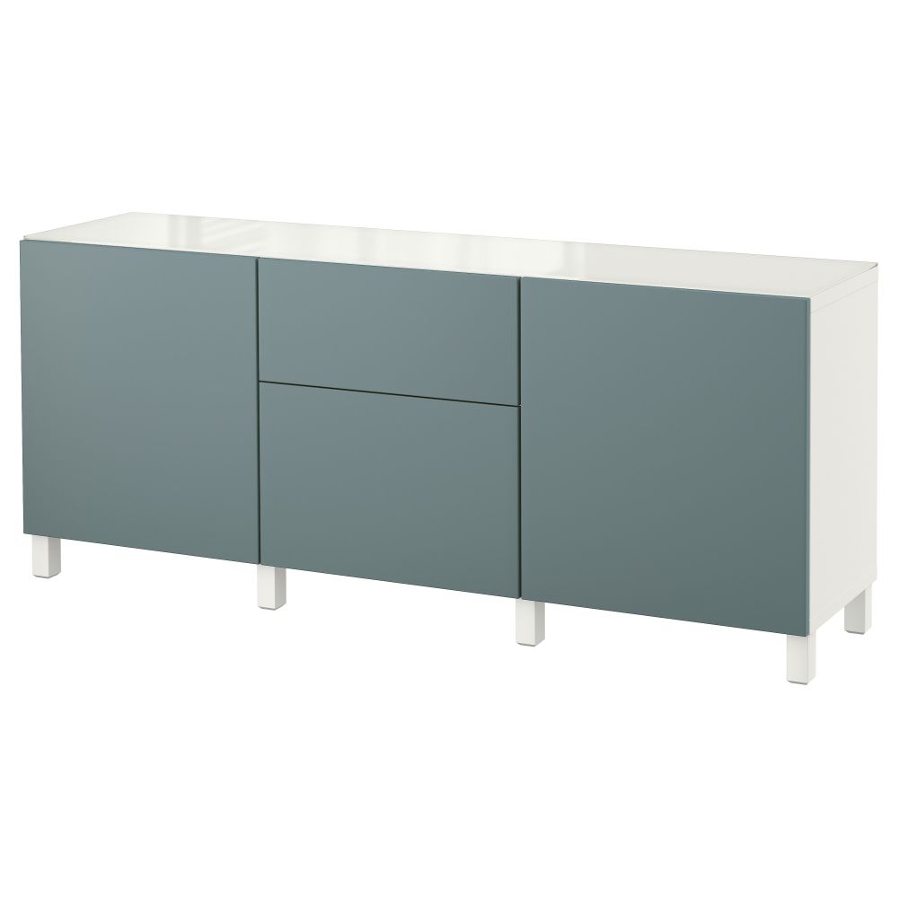 Комбинация для хранения с дверцами, ящиками БЕСТО, белый, Вальвикен серо-бирюзовый (180x40x74 см) - фото 1