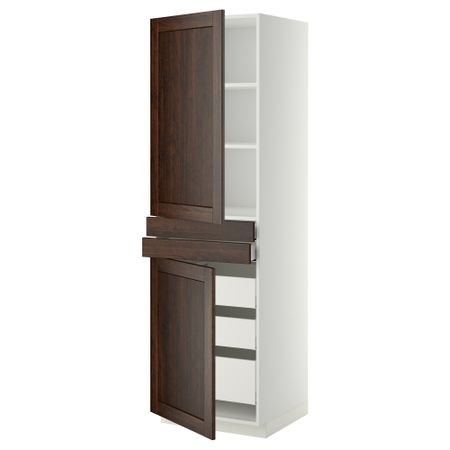Высокий шкаф + полки, 5 ящиков, 2 дверцы, 2 фронтальных МЕТОД / МАКСИМЕРА, белый, Эдсерум коричневый