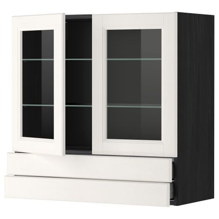 Навесной шкаф, 2 стеклянные дверцы, 2 ящика МЕТОД / МАКСИМЕРА, черный, Лаксарби белый