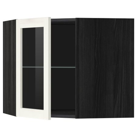 Угловой навесной шкаф с полками, стекляными дверцами МЕТОД, черный, Росдаль белый