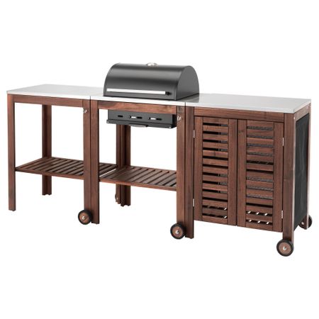 Угольн гриль+тележка/модуль для хранения ЭПЛАРО / КЛАСЕН, коричневая морилка, цвет нержавеющей стали