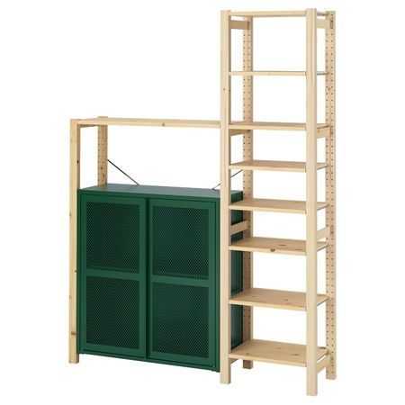 Стеллаж со шкафами/ящиками, сосна/зеленый сетка 134x30x179 см IKEA IVAR ИВАР 694.013.78